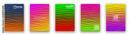 Minimal fluid covers design wall panel. Halftone colorful realistic 3d relief wave design. Future liquid modern interior gypsum stucco relievo patterns. Eps10 vector background set.