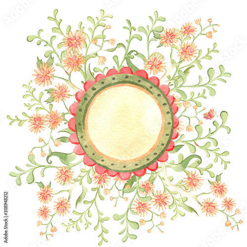 Festive composition of watercolor paradise flowers and ornate frame. Fairytale folk hand painted illustration. Isolated on white.