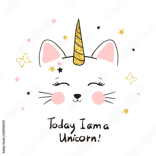 Cute cat unicorn for kids design - t-shirt print, poster.