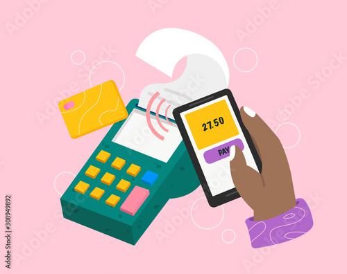 Wireless payment with Mobile phone with NFC technology. Hand holding smartphone with pay app near POS terminal. Vector illustration