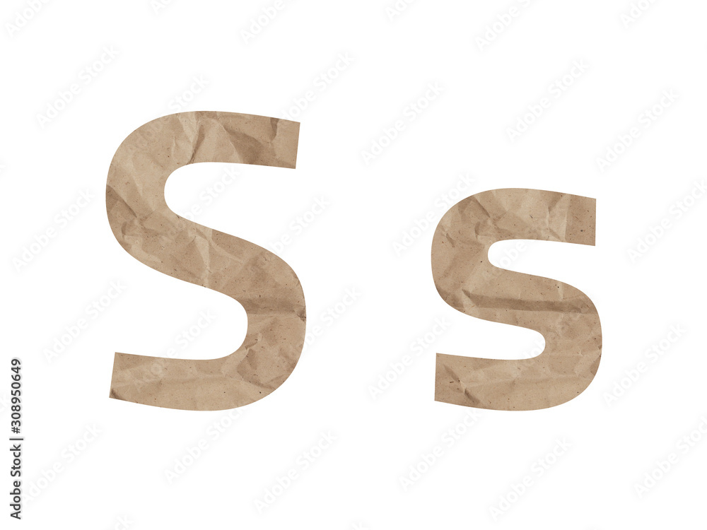Letter S font alphabet lettring isolated on white. Crumpled wrapping paper textured crack bruising. Isolate paper letter latin language Letter S font alphabet lettring isolated on white. Crumpled wrapping paper textured crack bruising. Isolate paper letter latin language