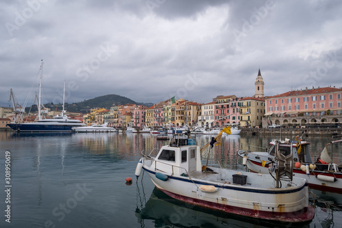 Ancient harbour with fishing boats of Imperia Oneglia, Italy