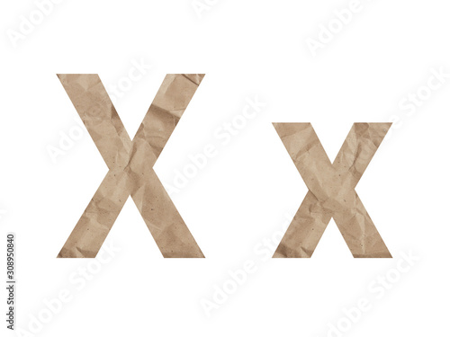 Letter X alphabet font lettring isolated on white. Crumpled wrapping paper textured effect, crease crack bruising. Isolate paper letter l