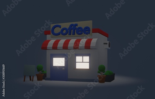 night scene coffee isometric shop and store  low poly building flowerpot and board landscape geometric scene on white background cute shopping   minimal idea creative concept  3d illustration 