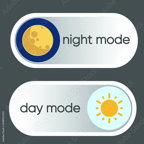 Concept of gadget interface switch to Day and Night mode and ui symbol. Day and Night Mode. On Off Switch. Light and Dark vector Buttons.