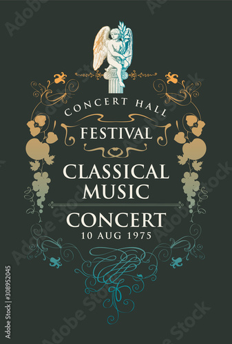 Vector poster for a concert or festival of classical music with hand-drawn angel sculpture and vignette in vintage style on the black background