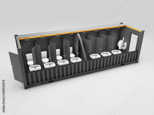 3d Illustration of Converted old shipping container into wc cabine, isolated white photo