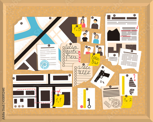 Detective board. Crime investigation concept. Vector newspaper. Investigation, evidence board. Office board.  Flat vector illustration.