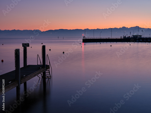 Beach on Lake Constance with view to alps
