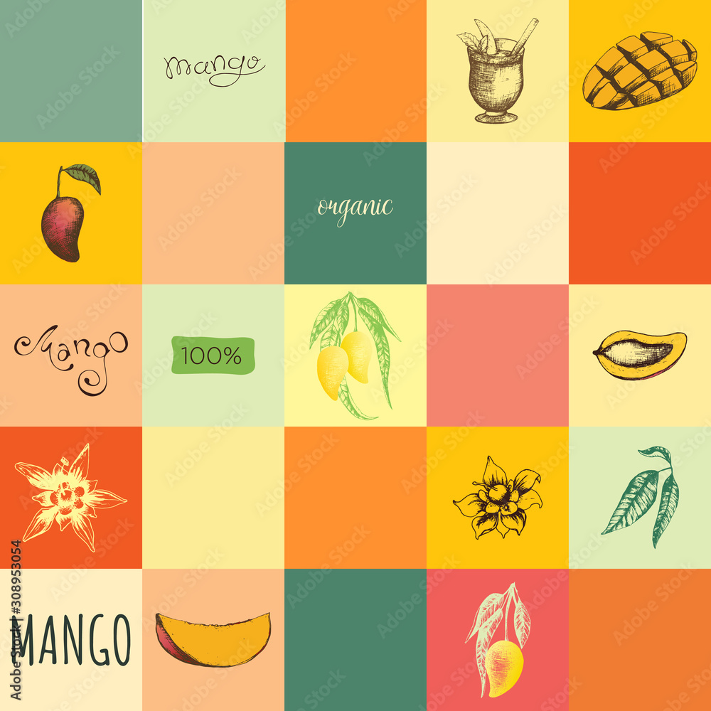 Vector seamless pattern with mangoes fruits and scripts, leaves and smoothie. Hand drawn Thai mango and flowers. For textile package, t shirt, wallpaper and fabric, tablecloth and kitchen design
