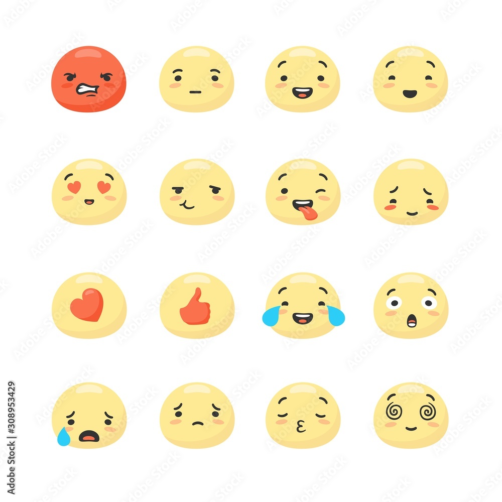 Fototapeta premium Collection of round yellow smiley faces expressing positive and negative emotions - anger, happiness, confusion, sadness, joy. Bundle of emoticons or facial expressions. Cartoon vector illustration.