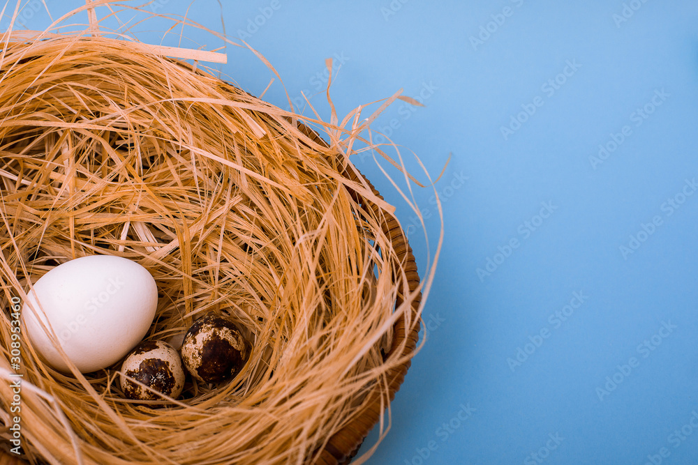 White chicken and quail eggs are in a wicker basket with straw on  blue background. Easter card greeting. Flat lay. Copy space.