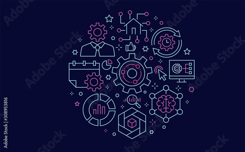 Business intelligence circle template with line icons. Vector illustrations.