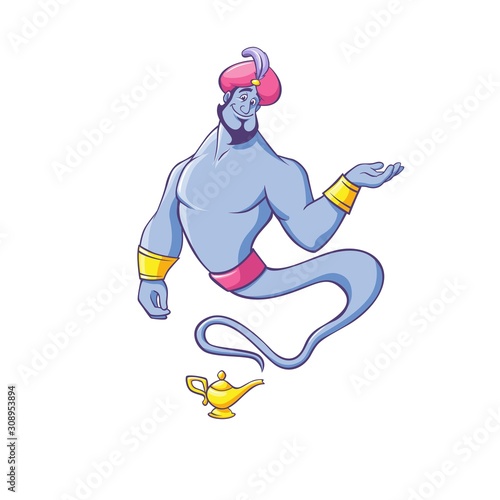 Jinn or genie in turban appearing from golden lamp and making offer. Magical creature from Arabian fairytales, myths and legends. Cartoon character isolated on white background. Vector illustration.