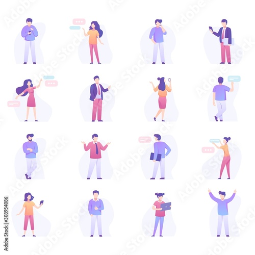 Set of business people and speech bubbles. Bundle of office workers talking, speaking, making presentation, working on laptop computer isolated on white background. Flat cartoon vector illustration.