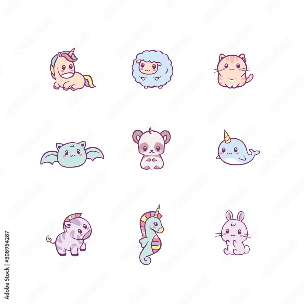 Set of adorable happy baby animals and fairytale creatures isolated on  white background. Bundle of funny cartoon characters. Flat colorful vector  illustration for children in cute kawaii style. Stock Vector | Adobe