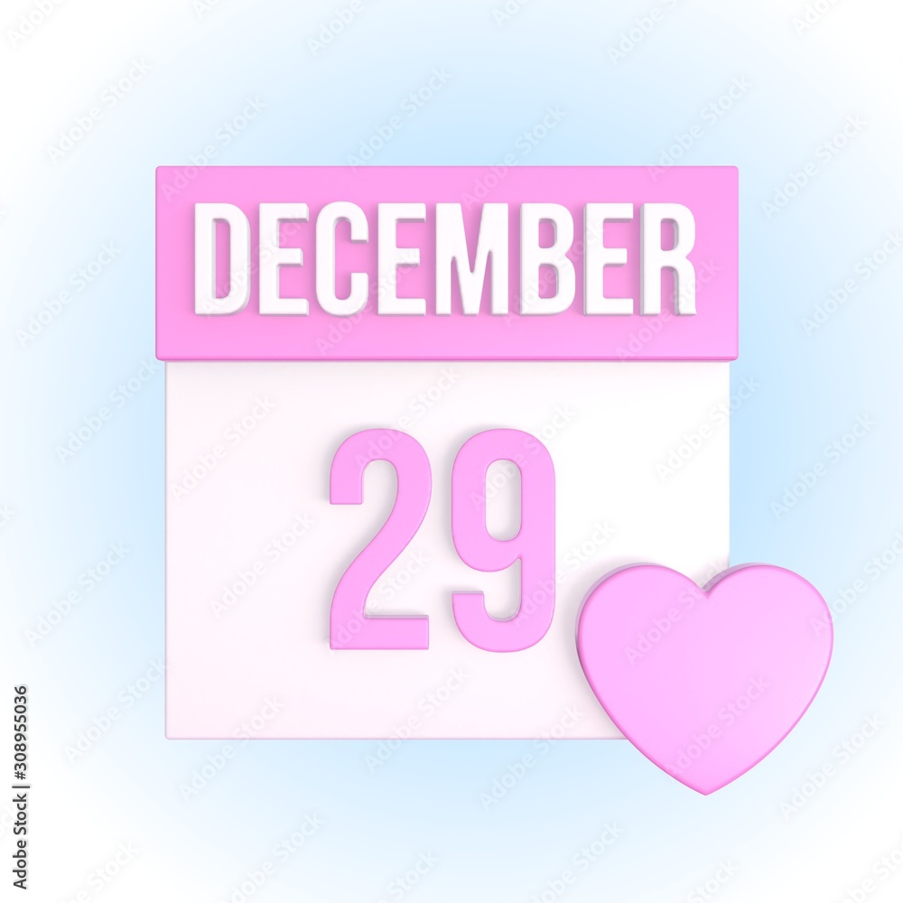 December 29 romantic calendar with pink heart. Love anniversary concept.  Relationship date. 3d illustration Stock Illustration | Adobe Stock