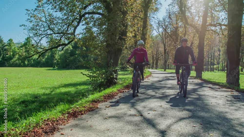 Couple cycle mountain bike down tree-lined avenue on macadam road Couple cycle mountain bike down tree-lined avenue on macadam road