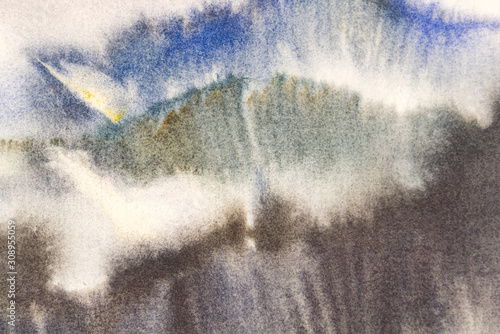 Watercolor abstract background on the theme of mountains, forests, clouds.