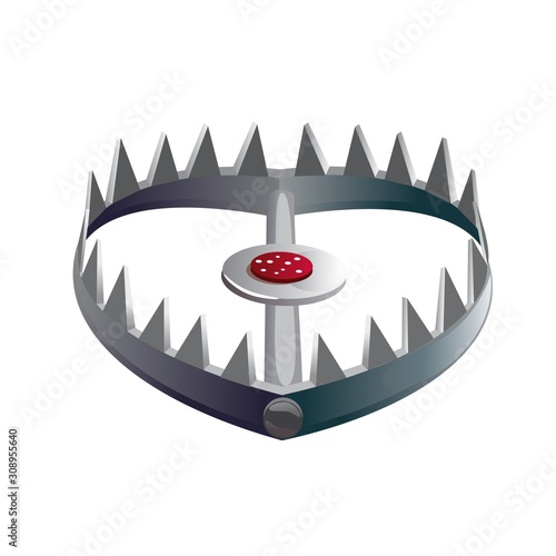 Foothold or leghold bear trap with spikes on its jaws pointed inward and bait in center. Device used for hunting or catching wild animals isolated on white background. Cartoon vector illustration. photo