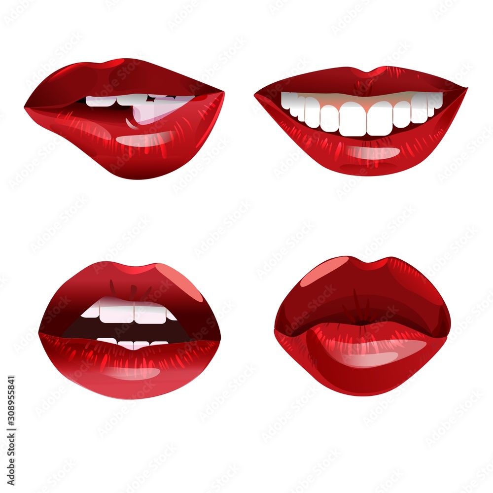 Obraz premium Collection of glossy woman red lips. Sexy mouth smiling, kissing, biting, puckering. Glamorous makeup. Romantic design element isolated on white background. Cartoon colorful vector illustration.