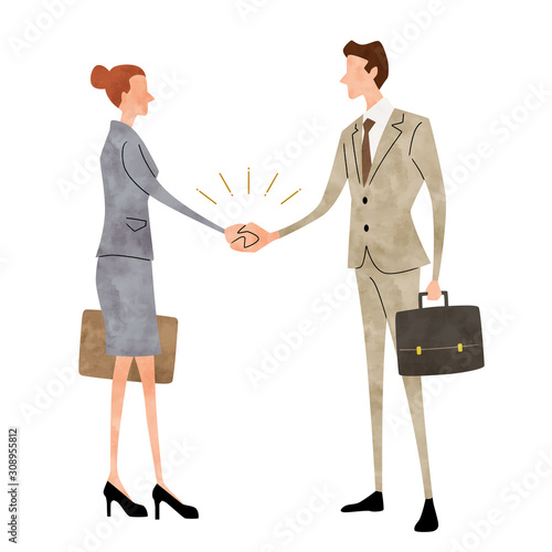 Illustration material: business scene, man, woman, handshake