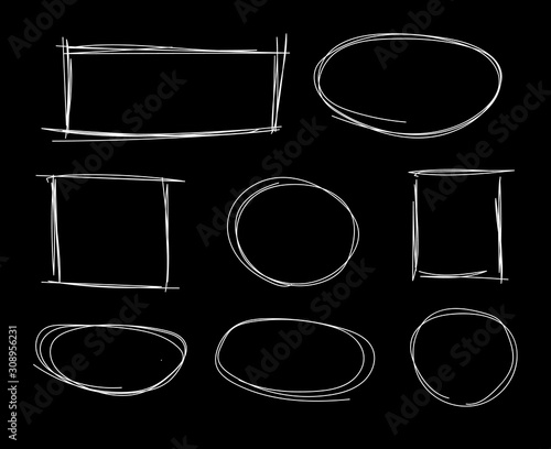 Vector Sketched Geometric Shapes Set, White Chalk Drawings Isolated on Black Background, Hand Drawn Scribble Lines.