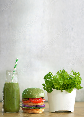 Green smoothie with burger ...