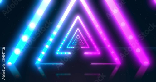 Foto Abstract neon flying triangle tunnel with fluorescent ultraviolet light