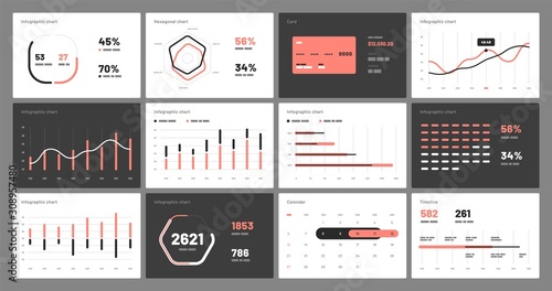 Elements of infographics on a white and black background. Use in presentation templates, flyer, leaflet and corporate report. Dashboard UI and UX Kit with big data visualization.