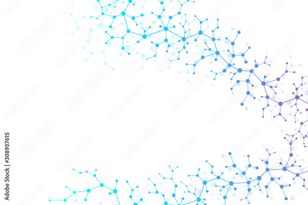 Scientific molecule background for medicine, science, technology, chemistry. Science template wallpaper or banner with a DNA molecules. Dynamic wave flow. Molecular vector illustration.
