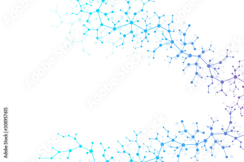 Scientific molecule background for medicine  science  technology  chemistry. Science template wallpaper or banner with a DNA molecules. Dynamic wave flow. Molecular vector illustration.