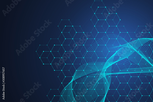 Hexagons abstract background with geometric particles shapes. Science, technology and medical concept. Graphic futuristic background wave flow hex for your design. Vector illustration banner