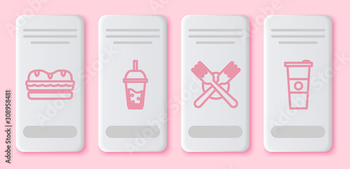 Set line Sandwich, Glass of lemonade with drinking straw, Crossed fork and Paper glass and water. White rectangle button. Vector