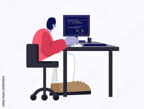 Modern male web developer working with program code using computer isolated at white background. Creative digital man programming website application flat vector illustration big limbs style