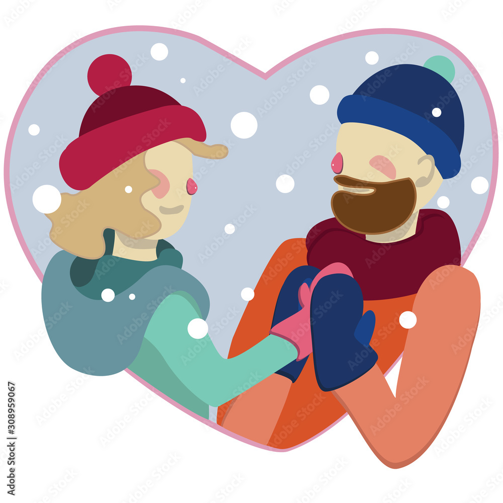 Naklejka premium Vector illustration of happy young couple in winter time in heart-shape frame. Saint Valentines theme. Design for covers, cards, backgrounds, prints, stikers.
