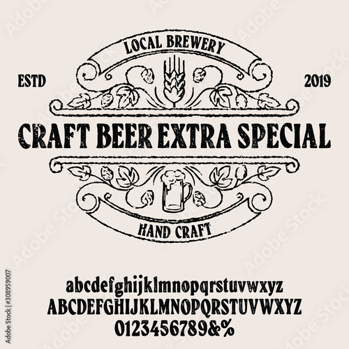 " beer " typeface. Vector hand crafted font in medieval style with hops. Good for posters, alcohol label and festival invitation.Letters and numbers.Vector illustration.