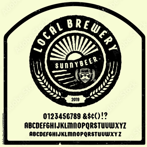 " beer " typeface. Vector hand crafted font in medieval style with hops. Good for posters, alcohol label and festival invitation.Letters and numbers.Vector illustration.