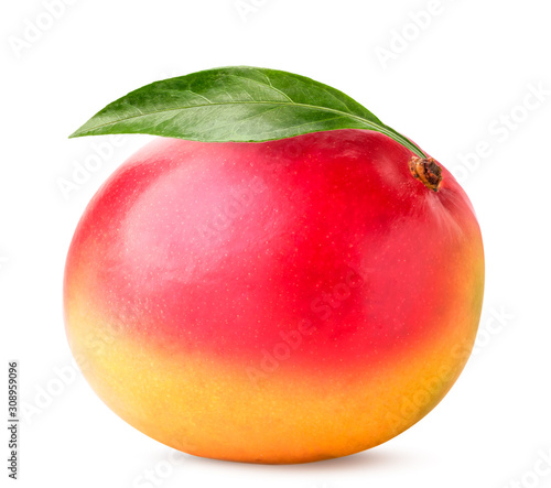 Ripe mango fruit with leaf close-up on a white. Isolated
