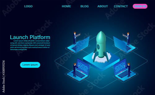 launch platform and successful project launching a rocket of growth. modern technology vector. flat cartoon