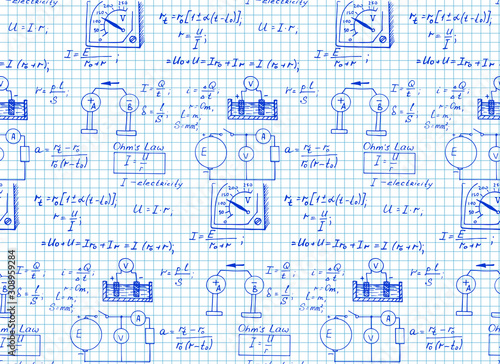 Vintage education and scientific background. Physics law theory and mathematical formula equation on notebook page. Vector hand-drawn seamless pattern.