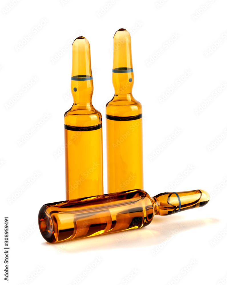 Naklejka premium Ampoules. Transparent capsules with liquid on white background. Photo