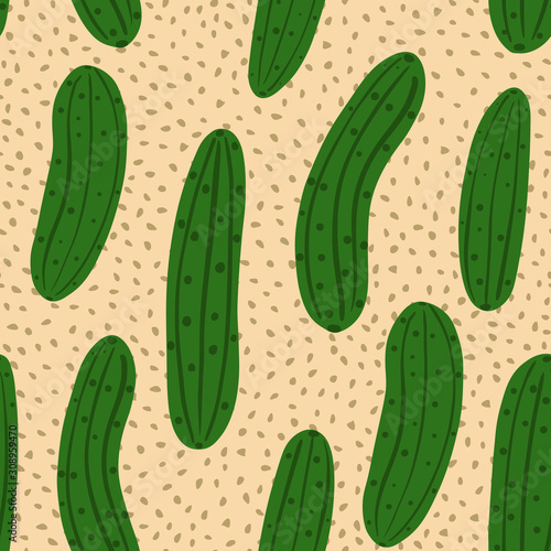 Cucumber seamless pattern on dots background. Vegetable wallpaper.