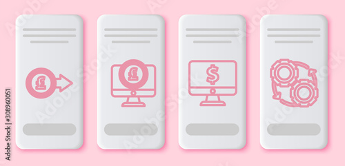 Set line Coin money with pound sterling, Computer monitor with pound sterling symbol, Computer monitor with dollar and Gear and arrows as workflow process concept. White rectangle button. Vector
