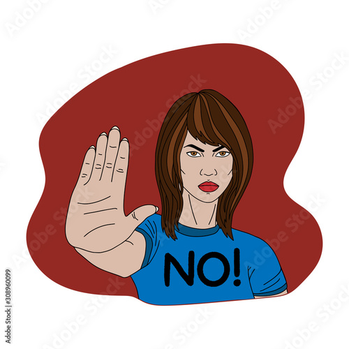 A woman protests against violence and racial discrimination. For the rights of women. Hand gesture and NO on her t-shirt crimes against women. No, that means no idea, stop here. Vector banners and pos