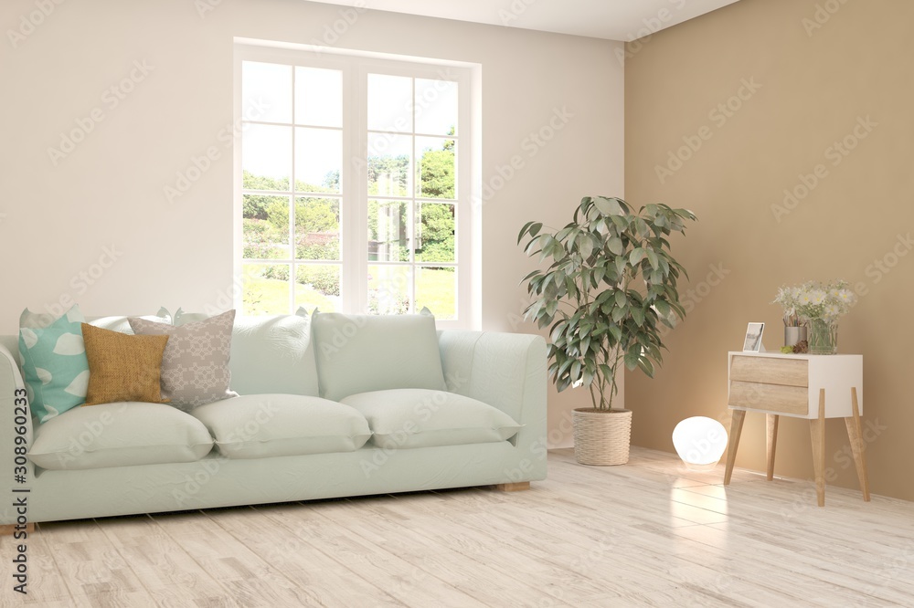 Fototapeta premium Stylish room in white color with sofa. Scandinavian interior design. 3D illustration