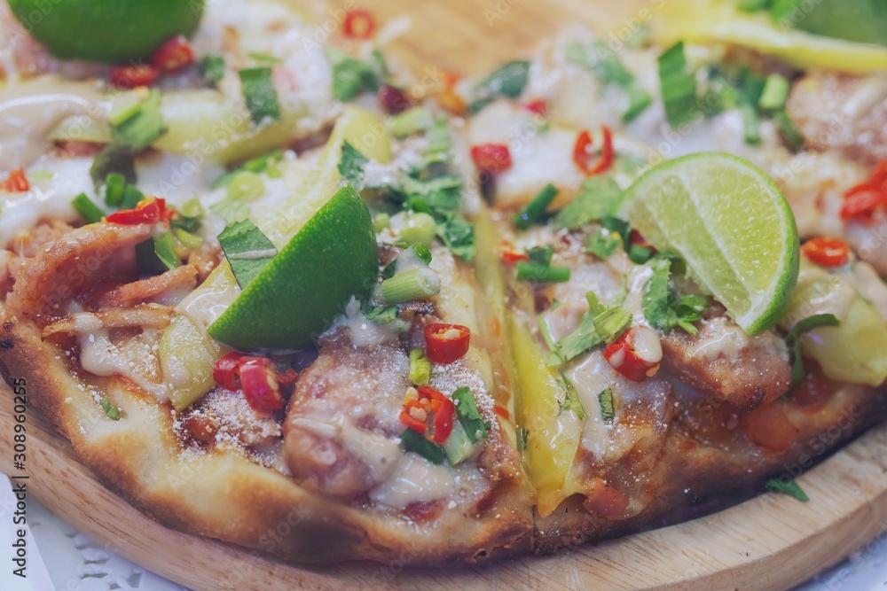 Hot and spicy Thai style pizza Background, thai Street food market