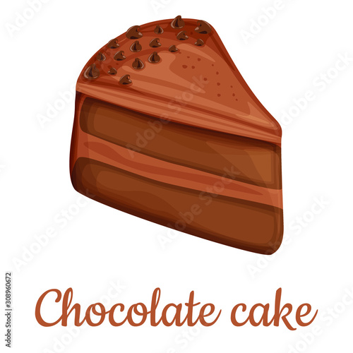 Chocolate cake slice cartoon style vector illustration, isolated colorful piece of delicious cake.
