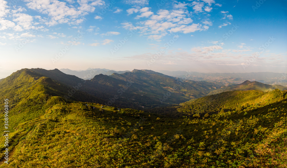 The scenery on the mountain when the sunrise North of Thailand Aerial view.