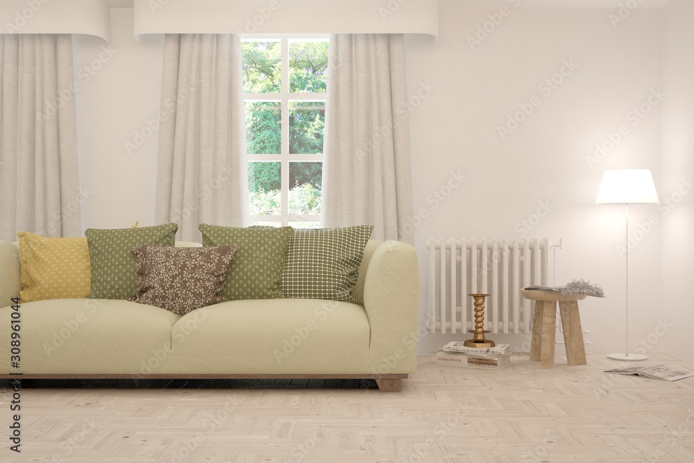 Fototapeta premium Stylish room in white color with sofa. Scandinavian interior design. 3D illustration